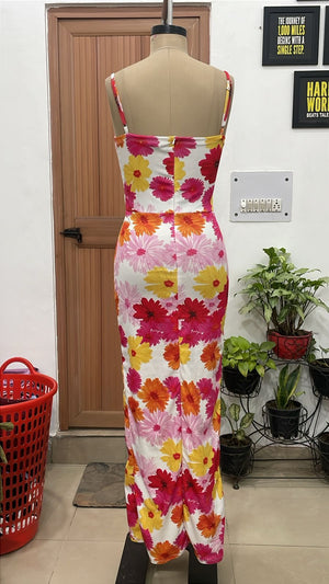 TANDUL Women's Retro Daisy Print Cami Maxi Dress with Side Slit