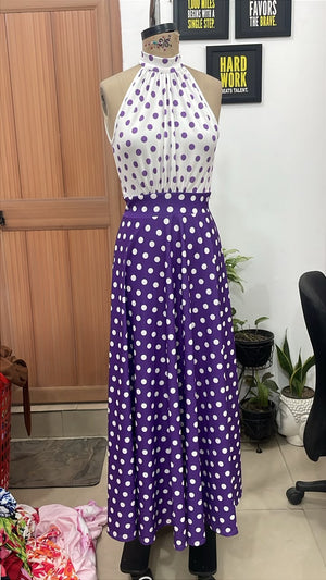 TANDUL Women Retro Purple Polka Dot High-Neck Halter Dress
