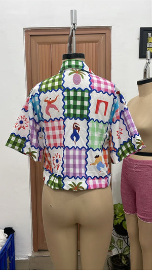 TANDUL Women Retro Colorful Gingham Patchwork Cropped Shirt