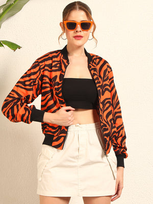 TANDUL Women Striking Orange and Black Zebra Print Jacket