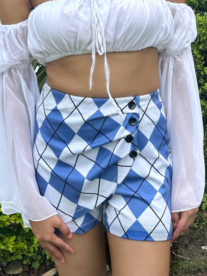TANDUL Women Stylish Blue and White Argyle Patterned Shorts