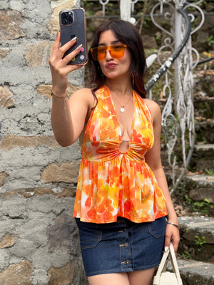 TANDUL Women Casual Sleeveless Printed Orange Top