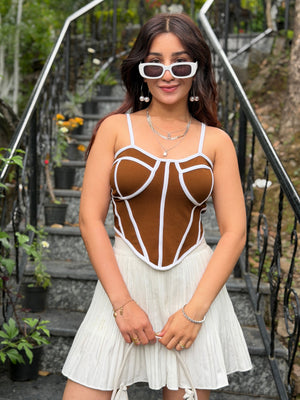 TANDUL Women Stunning Brown and White Corset Top