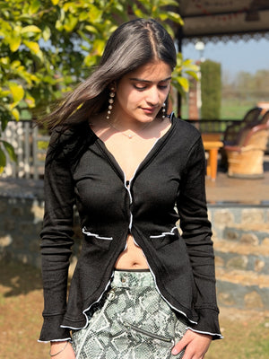 TANDUL Women Black Rib Full Sleeve Top