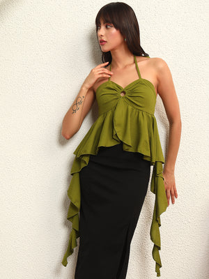TANDUL Elegant Green Ruffled Top