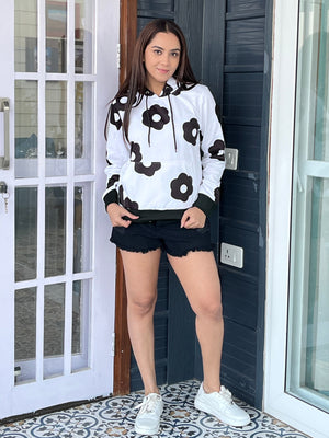 TANDUL Women Black and White Floral Hoodie