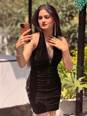 TANDUL Women Elegant Classic Black Velvet Dress