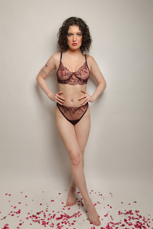 ELTIRE Embroided Wine Color Soft Net Lingerie Set