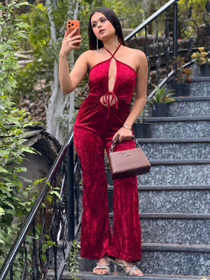 TANDUL Women Elegant Maroon Velvet Jumpsuit