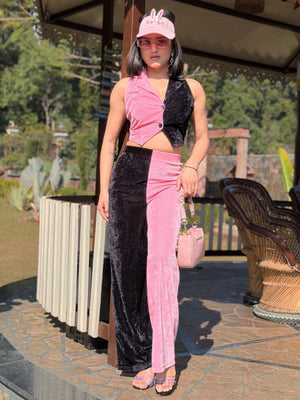 TANDUL Women Pink and Black Velvet Co-ord Set