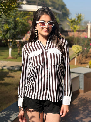 TANDUL Women Chic Black and White Striped Shirt