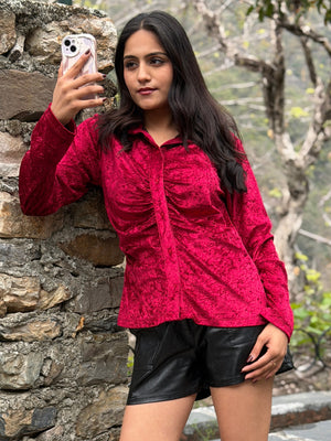 TANDUL Women Luxurious Maroon Velvet Shirt