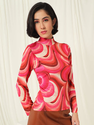 TANDUL  Women Printed High Neck Pink Sweater