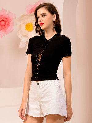TANDUL  Casual Regular Sleeves Solid Women Black Top