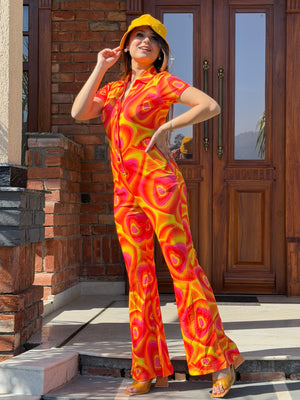TANDUL Women Vibrant Orange and Yellow Tie-Dye Jumpsuit
