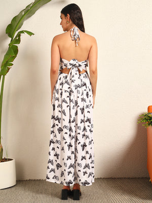 TANDUL Women Stunning White and Black Butterfly Print Dress