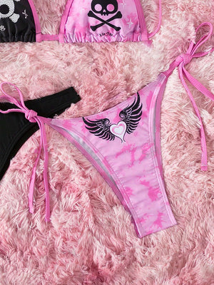 ELTIRE Pink Black Combo Printed Single Tie Strap Bikini Beachwear