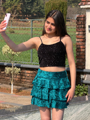 TANDUL Women Exquisite Teal Blue Velvet Skirt
