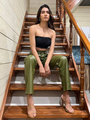 TANDUL Women Regular Fit Olive Green Leather Trousers
