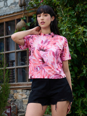 TANDUL Women Pink Feathers Printed  T-shirt
