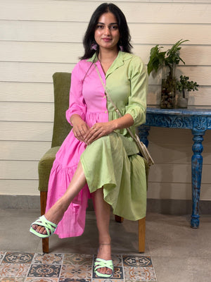 TANDUL Women Pink and Green Flared Dress