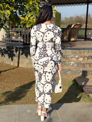 TANDUL White Kitty Printed Bodycon Dress