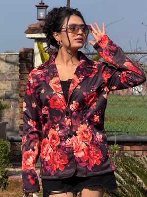 TANDUL Women Black Floral Printed Blazer