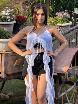 TANDUL Women Elegant White Ruffled Top