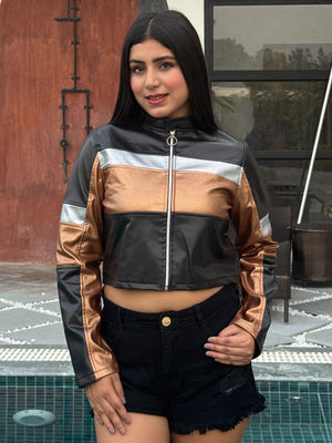 TANDUL Women Stunning Black and Gold Leather Jacket