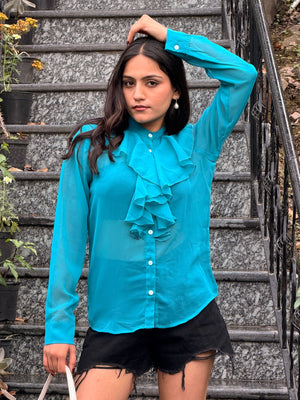 TANDUL Women Stunning Skyblue Ruffle Detailed Shirt