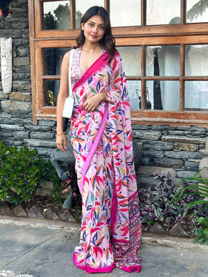 ELTIRE Pink Floral Printed Georgette Sari