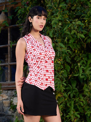 TANDUL  Red and White Checkered Waistcoat