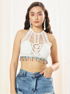 TANDUL  Casual Sleeveless Solid Women White Top