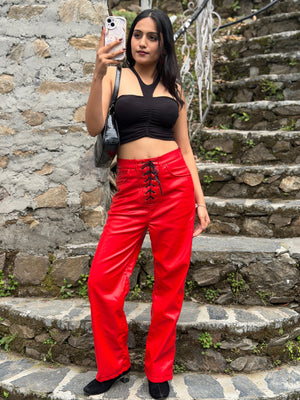 TANDUL Women Chic Red Leather Trouser