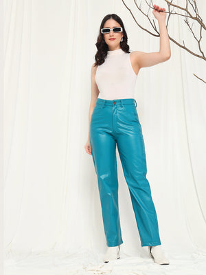 TANDUL  Women Regular Fit Light Blue Faux Leather Trousers
