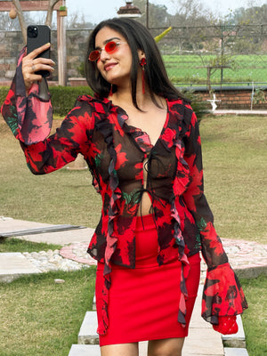 TANDUL Women Stunning Red and Black Floral Top