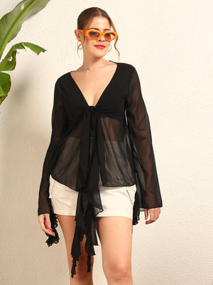 TANDUL Elegant Black Ruffled Top