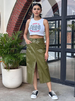 Tandul Elegant Olive Green  Leather Skirt