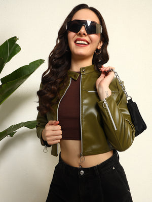 TANDUL Women Stunning Green Leather Jacket