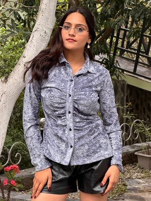 TANDUL Women Casual Ruched Solid Grey Shirt