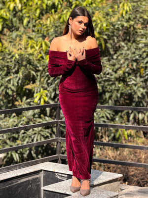 TANDUL Women Elengant Off Shoulder Maroon Velvet Dress
