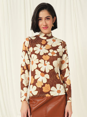TANDUL  Women Floral Print High Neck Brown Sweater