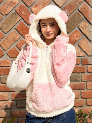 TANDUL Women Solid White and Pink Fur Hoodie