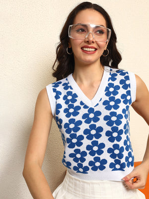 TANDUL Women Blue Floral Sleeveless Sweater