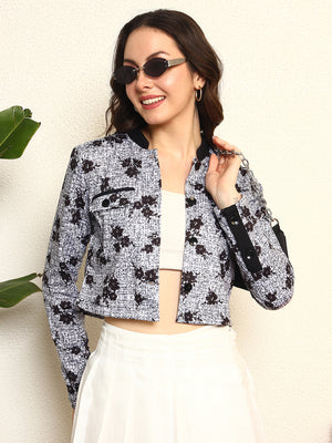 TANDUL Women Stunning Black and White Floral Print Jacket