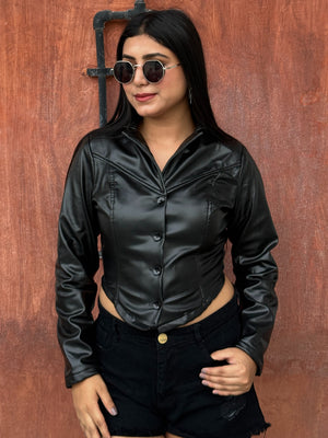 TANDUL Women Sleek Black Crop Leather Jacket
