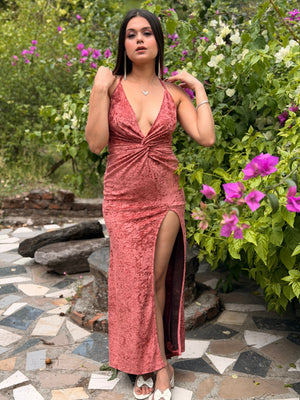 TANDUL Women Exquisite Velvet Slit Pink Dress