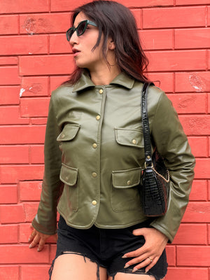 TANDUL Women Olive Green Faux Leather Jacket