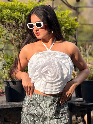 TANDUL Women White Rose Tie Up Neck Top