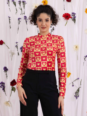 TANDUL Heart Printed Velvet Highneck